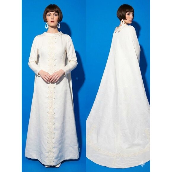Vintage Dresses & Skirts - Vintage 1960s Wedding Gown Off White High Neck Renaissance Cape Train Mod Small